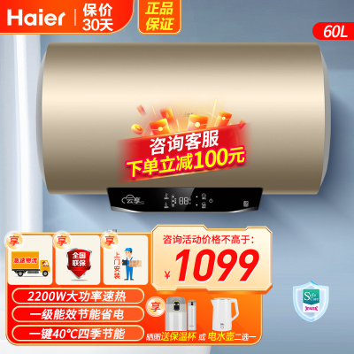 海尔(Haier)电热水器60升大屏数显2200W速热 一级能效 40℃节能温水 预约洗浴 钼金加热管 安全速热节能D2