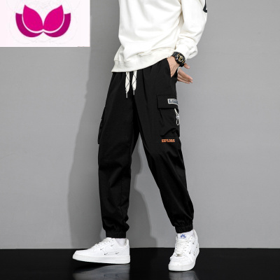 七斓日系工装裤子男款黑色学生潮牌束脚裤休闲长裤美式大码宽松