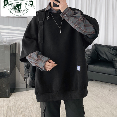 HLCOMAN@假两件卫衣男生潮流格子衬衫韩版春秋款宽松上衣外套卫衣