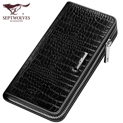 七匹狼钱包男士长款真皮商务鳄鱼纹手机包头层牛皮钱夹拉链手拿包男士休闲