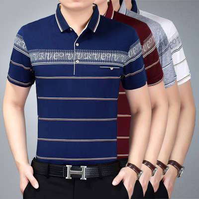 夏季新款男式短袖T恤条纹 翻领T恤 中年商务男装免烫T恤