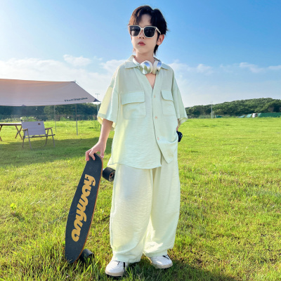 男童夏季套装2026新款时髦儿童薄款衬衫中大童冰丝短袖凉感夏装潮