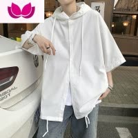 七斓连帽开衫半袖衬衫男女百搭宽松bf五分袖衬衣夏季薄款冰丝风衣