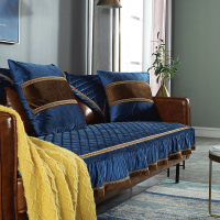家柏饰(CORATED)沙发垫冬季毛绒防滑沙发套全包套罩简约现代坐垫子 锦素年华-电光蓝 90*90cm+花边