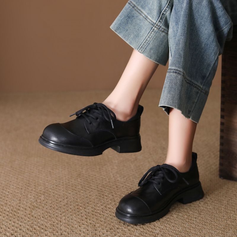头层牛皮单鞋女2026春季新款圆头粗跟复古英伦风系带小皮鞋乐福鞋