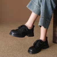 头层牛皮单鞋女2026春季新款圆头粗跟复古英伦风系带小皮鞋乐福鞋