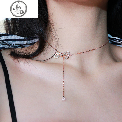 S925纯银新款蝴蝶结流苏女项链双色短款锁骨链潮气质网红水晶颈链 JiMi