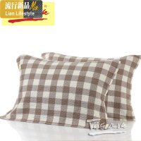 复古大格子棉纱布褶皱枕套良品无印成人加大棉枕巾一对装 三维工匠