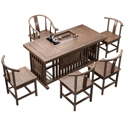 易企采 中式茶桌椅组合实木南榆木功夫茶几茶艺桌小茶台茶道桌子泡喝茶桌茶台胡桃色1.5米茶桌+1圈椅4月牙椅