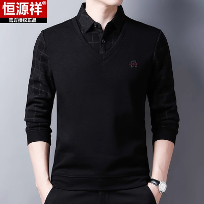 恒源祥春秋季男士长袖t恤假两件衬衫领卫衣中年翻领薄款商务上衣