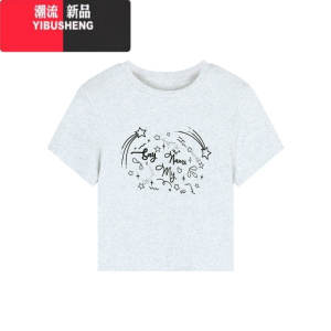 YIBUSHENG小众涂鸦印花短袖正肩T恤女装季设计感修身短款露脐小个子上衣