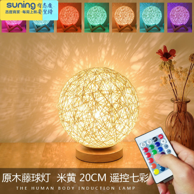 希杰狮王简约现代温馨台灯卧室床头创意浪漫梦幻月球灯投影节能小夜灯插电20CM藤球灯（七彩款）灯具