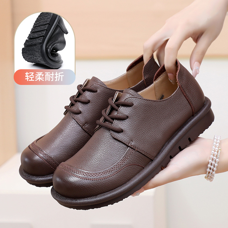 2026春季新款女式单鞋粗跟厚底软底头层牛巴皮系带手工深口乐福鞋