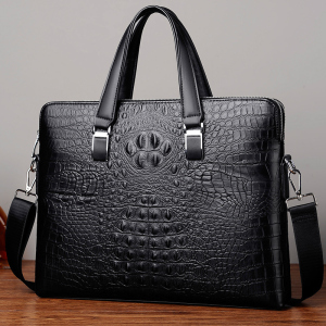 斯妮拉欧美时尚鳄鱼手提包男公文包男式商务休闲包电脑包横款双拉链文件包单肩斜挎包2024新款