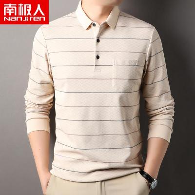 南极人长袖T恤男有领带口袋条纹加厚polo衫中年爸爸春秋装棉上衣