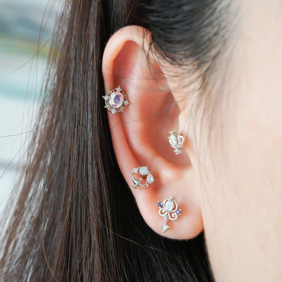 韩国饰品小清新爱心钥匙银色蓝钻系列百搭螺丝拧旋转堵耳骨钉送女朋友老婆情人节七夕生日礼物