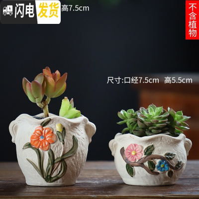 三维工匠可画画上色彩多肉小花盆陶瓷粗陶透气创意肉肉植物盆 青湖蓝色图片款[2个装] 中等花盆容器