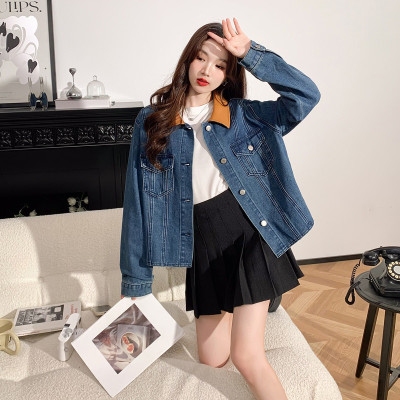 [3件8.5折118.9元,叠加优惠券]唐狮秋季新款女领子撞色翻领短款牛仔外套酷帅设计感别致潮流