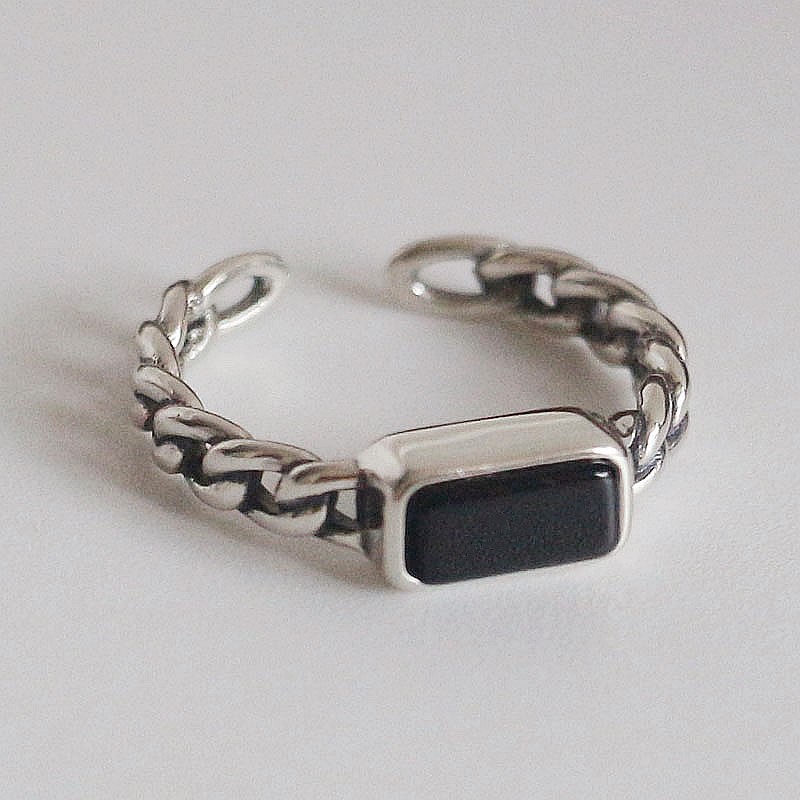 S925纯银黑玛瑙几何方形设计戒指甜酷风开口戒ins可调节时尚复古送女朋友老婆情人节七夕生日礼物