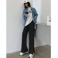 含棉侧边开叉裤子四季纯色显高显瘦设计感直筒裤炸街休闲阔腿裤潮