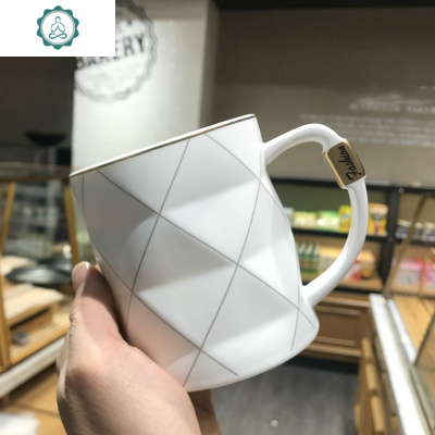 个性北欧凌形陶瓷杯简约马克杯带盖情侣水杯一对男女家用咖啡杯子封后