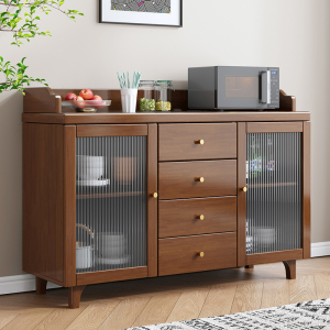 青木川实木餐边柜厨房碗柜置物收纳柜多功能酒柜客餐厅家用带玻璃茶水柜