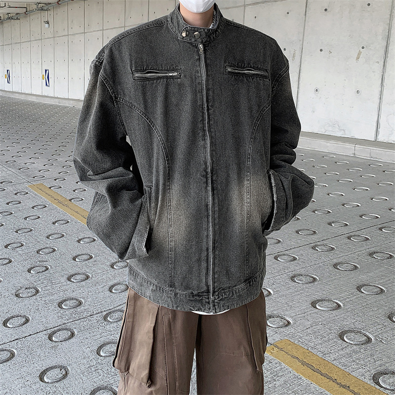 男装美式潮牌机车牛仔夹克男士春秋高街复古水洗宽松立领夹克外套
