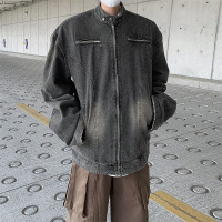 男装美式潮牌机车牛仔夹克男士春秋高街复古水洗宽松立领夹克外套