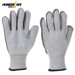 好员工 PE-112麻灰防切割+牛二层皮防切割手套5双