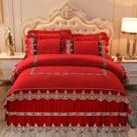 美帮汇床上四件套绒面冬天 双面绒水晶绒欧式夹棉 加厚床裙珊瑚绒蕾丝边
