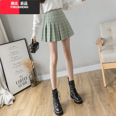 YIBUSHENG格子短裙百褶裙春秋高腰2021新款半身裙a字显瘦小个子学生裙子女