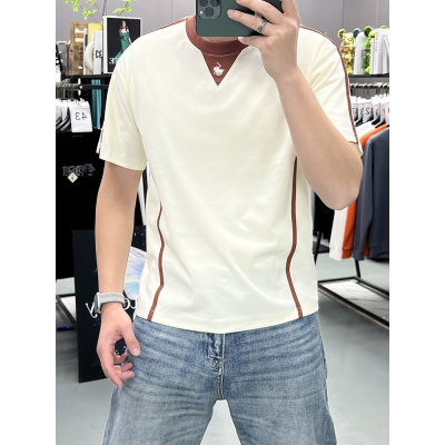 夏季新款拼接设计撞色战马刺绣男士休闲圆领短袖T恤宽松时尚上衣