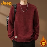 Jeep吉普圆领毛衣男士加绒保暖打底衫冬季潮流本命年红色针织衫男