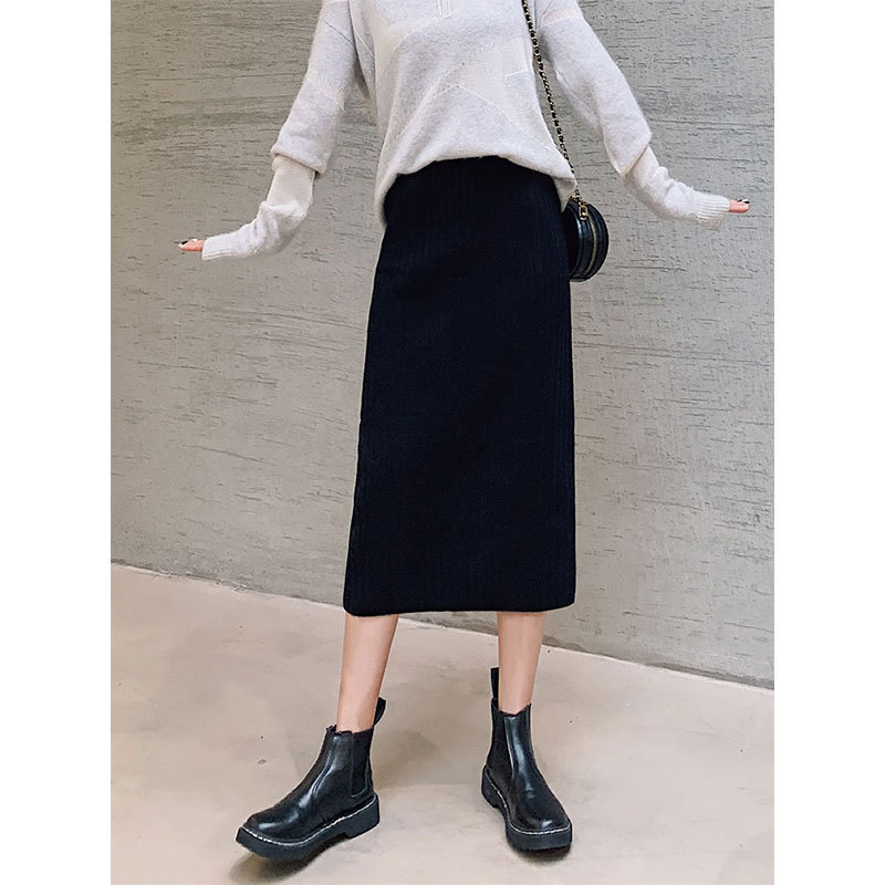 针织半身裙女春秋季2026新款高腰开叉秋冬中长款黑色直筒一步长裙