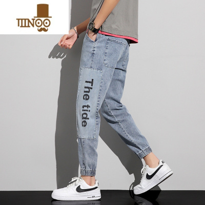 YANXU牛仔裤男士2023新款宽松束脚哈伦男工装九分休闲裤子男潮牌