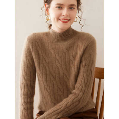 山羊绒针织打底衫秋冬女长袖宽松麻花半高领厚款保暖内搭羊绒毛衣