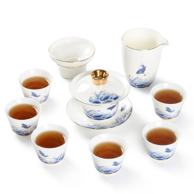 常生源茶具套装陶瓷功夫茶具羊脂玉白瓷盖碗公道杯茶漏茶杯浮雕堆花锦鲤茶具套组