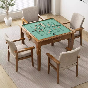 质凡实木简易家用正方形手动象棋扑克桌椅棋牌麻将桌麻将餐桌 一桌四椅