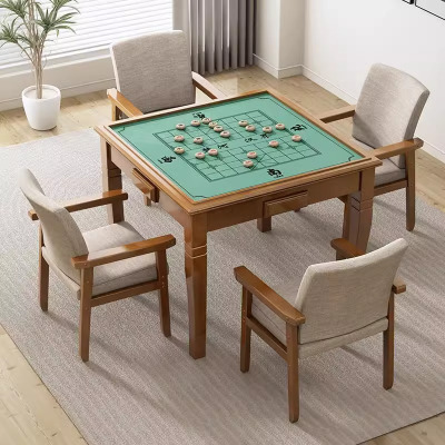 质凡实木简易家用正方形手动象棋扑克桌椅棋牌麻将桌麻将餐桌 一桌四椅