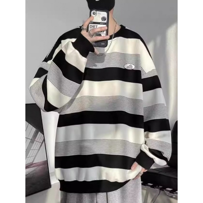 美式复古拼色条纹圆领日系宽松大码时尚潮流港风卫衣