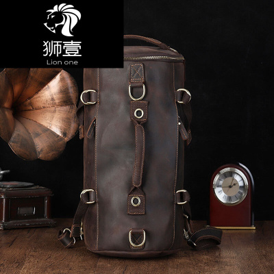 狮壹（Lionone）双肩包男复古疯马皮手提斜挎旅行包大容量行李包牛皮旅行袋
