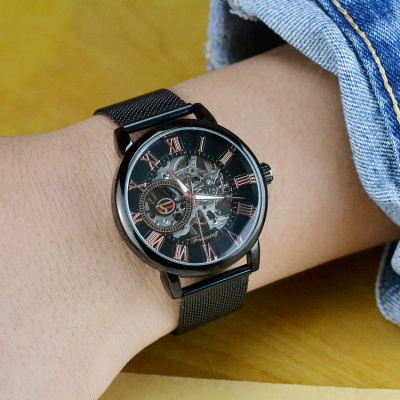 男士复古机械手表双面镂空手动休闲机械表防水钢带夜光学生手表男同款