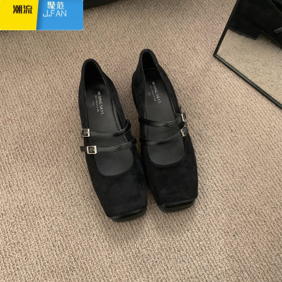 聚范韩版方头双排扣玛丽珍鞋女2024年新款温柔配裙子粗跟浅口单鞋