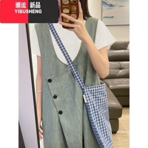 YIBUSHENG背带裙女季2024新款复古水洗无袖背心连衣裙小个子宽松牛仔裙子