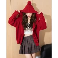 [2.5折价105元]唐狮春秋季新款女毛衣红色休闲风百搭连帽绞花针织开衫外套