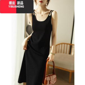 YIBUSHENG黑色无袖背心裙季螺纹薄款吊带内搭女式中长款开叉黑色连衣裙