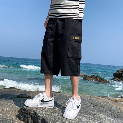 蓝缕金(LANLVJIN)男士休闲裤夏季2021新品纯棉直筒裤青少年松紧系带宽松直脚七分裤韩版休闲学生刺绣工装裤男裤子