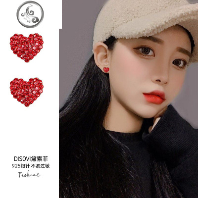 耳钉女纯银2019新款潮红色爱心精致小耳环冷淡风简约小巧网红耳饰 JiMi