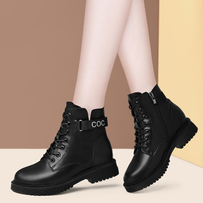 盾狐系带马丁靴女靴秋冬新款加绒粗跟休闲皮靴女帅气短靴68190QL68191