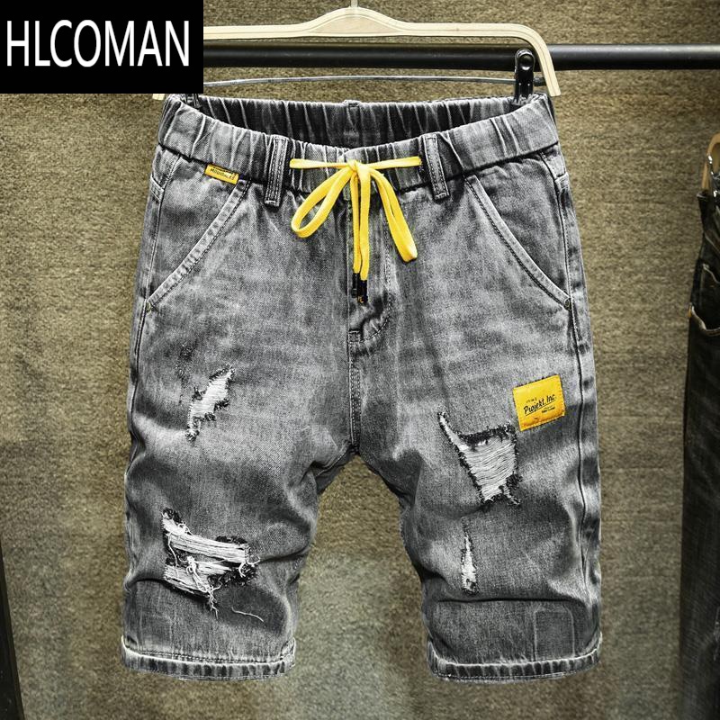 HLCOMAN夏天破洞牛仔短裤男士宽松韩版潮流休闲松紧腰抽绳薄款中裤五分裤